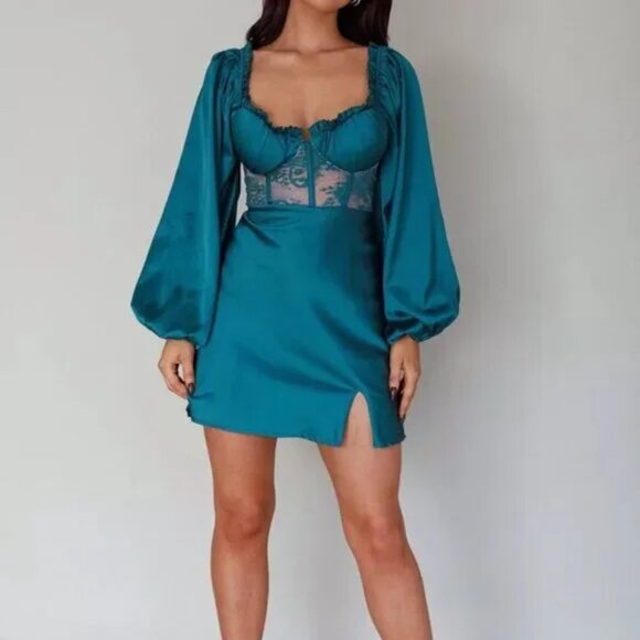 SELFIE LESLIE‎ Forest Green Satin/Lace Bodice TROPHY Puff Sleeve Mini Dress - Picture 1 of 16